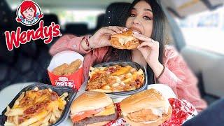 WENDYS MUKBANG! NEW Spicy Hot Honey Chicken Sandwich, Daves Single Burger, Baconator Fries, Nuggets