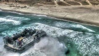 US Military Hovercraft LCAC & Assault Amphibious Vehicle Beach Landing Aerial View