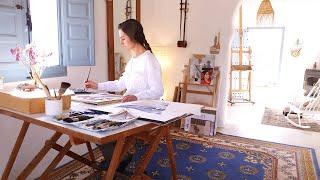 Step by step watercolor illustration | Slow life, art and music in the studio. 