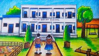 School scenery drawing for competition/ My school drawing with oil pastel/@Art by Sukanta