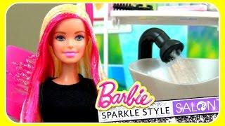 BARBIE Sparkle Style Salon!  Comb On Glitter & REAL WORKING SINK!  Give Barbie A CUTE FUN MAKEOVER!