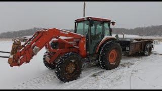 Cleaning the Barn and Slicing a Round Bale on a Snowy December Day!