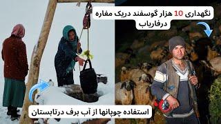 نگهداری 10هزار گوسفند دریک مغاره، زندگی پرمشقت چوپانهای افغانستان، چوپان ها درتابستان آب برف میخورند