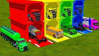 TRANSPORTING PIXAR CARS & FRUITS WITH COLORED & JOHN DEERE VS CLAAS VS TRACTORS - FS22