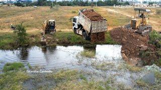 Start New Project!!! Truck 5Ton operator & Bulldozer D31P Soil compaction on Flooded land!!!