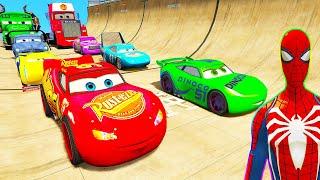 SPIDERMAN Vs HULK McQueen CARS Mega HILL Ramp ! SUPERHERO Mack Monster Trucks Stunts Race  - GTA V