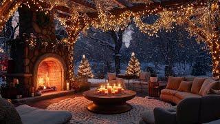 Winter Porch Ambience: Jazz, Snowfall & Crackling Fireplace for Stress Relief 