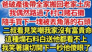 爸破產後帶全家搬回老家土房，我去買菜偶然路過村口賭石攤，隨手買下一塊被丟角落的石頭，二叔看見笑嘲我家沒有富貴命，這種爛石料白送他都看不上，我笑著讓切開下一秒他傻眼了||笑看人生情感生活