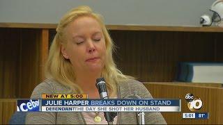 Julie Harper breaks down on stand