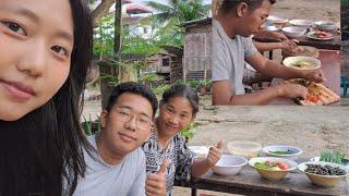 Teaching my children how to Cook snail curry and  Banana Stem curry 