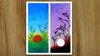 Sunrise and Sunset scenery drawing, Oil pastel drawing for beginners