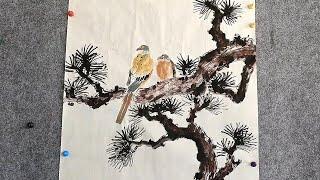 Ink Wash Painting of Birds and Pine Tree