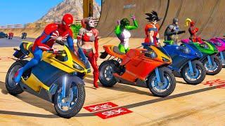 CORRIDA DE MOTOS COM HOMEM ARANHA E AMIGOS HERÓIS! SALTOS e QUEDAS COM MOTOS na RAMPA - GTA V