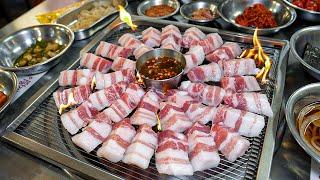 Best traditional charcoal grilled pork BBQ + Incredible free side dishes - Korean street food