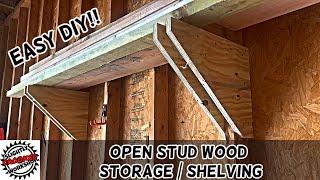 Open Stud Wood Storage Garage Shelves //How To//DIY