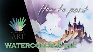 How to paint Line and wash watercolor landscape with a castle