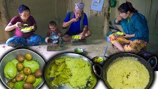 Squash & Potato mix Fry Recipe with CHAMRE Cooking & eating in Village || New Nepali Village Vlog