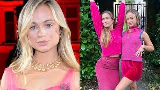 Lady Amelia Windsor | Lady Amelia Windsor twins with sister in hot pink hen party mini dress