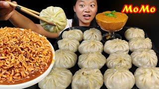 Eating Big Juicy Pork Momo With Spicy Blackbean Noodles, Momo Mukbang & Spicy Noodles Nepali Mukbang