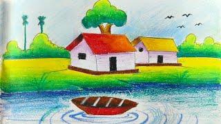 Easy Scenery Drawing | How to draw scenery drawing with oil pastel colours