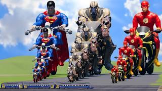 Big & Small: Flash vs Thanos vs Superman on a motorcycle vs Trains | BeamNG.Drive