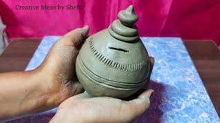 Amazing technique make DIY piggy bank without pottery wheel || money saver mini clay bank