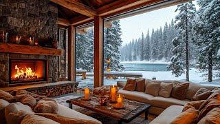 Soothing Piano Music in A Cozy Living Room Space ️ Snowy Scene and Fireplace Sound for Relaxation