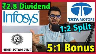 Infosys • Hindustan Zinc • Tata Motors • Stocks Declared High Dividend, Bonus & Split With Ex Date's