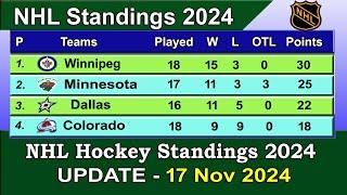 NHL Standings 2024 | last update 17/11/2024 | NHL Hockey Standings & Rankings 2024-25