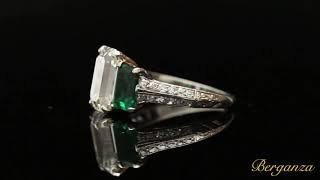 Vintage diamond and emerald three stone ring, circa 1970. Reference 18345