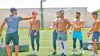 Spraying Silly String on bodybuilders prank!