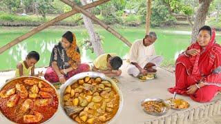 popi kitchen eating chingri macher malai curry, potol curry & hot rice