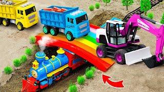 Car toy JCB - Tractor, excavator, crane, mixer truck making a mini concrete bridge for train for kid