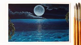 Full Moon Painting ｜ Poster Color Painting ｜ Moonlight Seascape