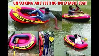 Unpacking and testing inflatable boat in river and pond