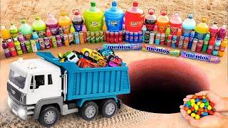 Dump Truck & Rain Gutter & Marble Run Race Underground Experiment with Coke, Fanta, Sprite, Mentos