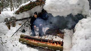 Winter Solo Overnight under Uprooted Tree - Making Snowshoes & Bow saw - Taiga Bonfire Nodya