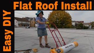 Rubber Flat Roof Installation Easy Cheap DIY - Peel the plastic, then stick it down, Any homeowner..