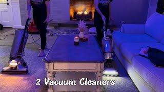 Vintage Kirby Heritage II & Kenmore Vacuum Cleaner Clean At The Same Time In Front Of Cozy Fireplace