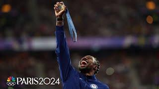 Noah Lyles' first gold: Watch men's 100m medals get awarded in Paris | Paris Olympics | NBC Sports