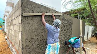 Plastering Compound Wall-Hollow block Compound Wall Plaster work-Using by sand and cement mixer