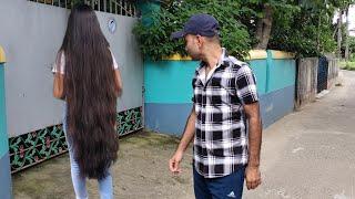 After many attempts I touched her long hair || hair Play || long hair braid