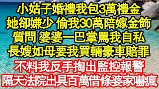 小姑子婚禮我包3萬禮金，她卻嫌少 偷我30萬陪嫁金飾，質問 婆婆一巴掌罵我自私，長嫂如母要我買輛豪車賠罪，不料我反手掏出監控報警，隔天法院出具百萬借條婆家嚇瘋真情故事會||老年故事||情感需求||愛情