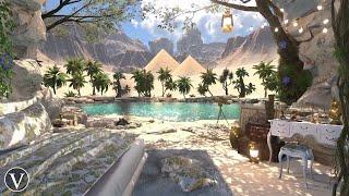 Desert Oasis Cave | Day & Sunset Ambience | Campfire, Wind, Water & Nature Sounds