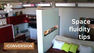 Space-flowing apartment: walk-thru shower & fridge-in-drawer