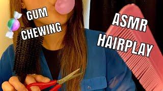 ️FIXING YOUR HAIR- Brushing- Spray- Scissors - Gum chewing- Whispered-ASMR