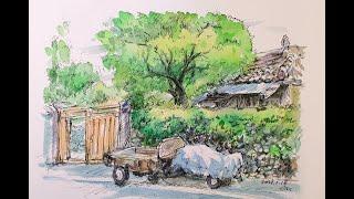 [어반스케치] 시골 여름 풍경 그리기, 스테들러 펜, 힐링 그림#61 |Drawing of rural summer landscape, Stedler pen, healing
