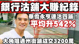 銀行沽舖大賺紀錄！華僑永亨連沽4舖！今日新聞：第4286成交，註冊3200萬，感覺5分，大角咀通州街51-67號新漢大樓地下6-8號舖