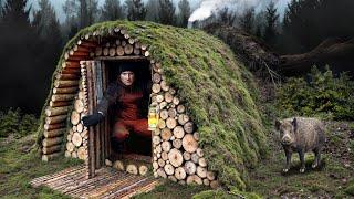 Building a Warm and Cozy Survival Shelter Near a Fallen Tree | Winter Bushcraft | Clay Stove