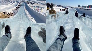 Woman Glides Down SLIDE OF ICE | Yakutsk City Ice Festival